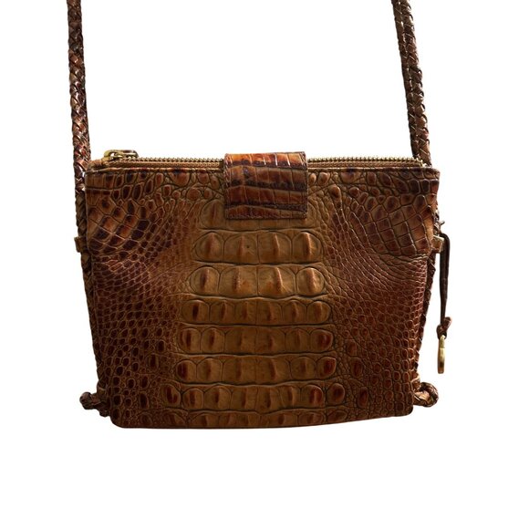 Brahmin Crocodile Embossed Tan Brown Leather Crossbody Bag Double Braided Handle - Picture 3 of 11
